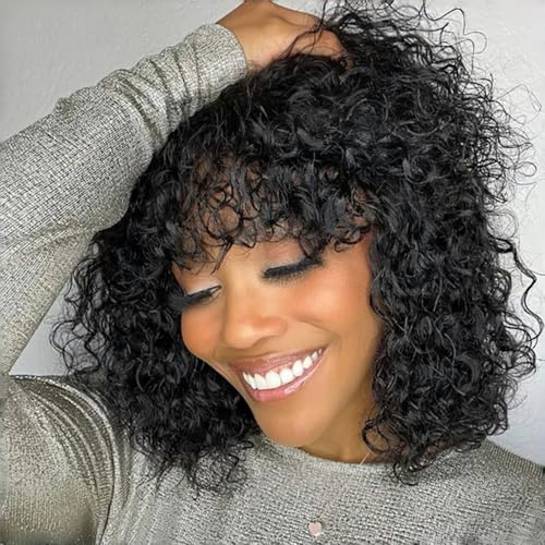 Short Curly Human Hair Wig with Bangs Short Curly...