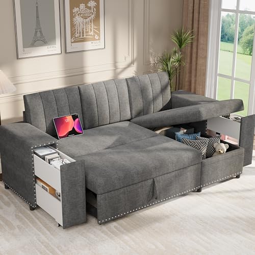 Maupvit Sofa Bed, Sleeper Sofa Couch with Pullout Bed, L Shaped Couch with Storage Chaise, Home Sofa for Living Room, Office, Apartment, Dorm(Dark Gray)