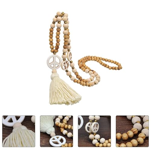 DEARMAMY Halskette Mit Quaste Und Holzperlen Friedenszeichen Anhänger Für Damen Boho Stil Ideal Layering Kette Perfekte Geschenkidee Für Frauen Zarte üßwasserperlen Und Charmante