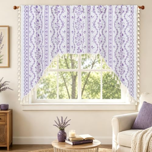 Image of Yinhua Boho Swag Valance Curtains Vintage Linen Valances for Windows Light Filtering Floral Kitchen Valance Rod Pocket Rustic Tassel Window Valances for Bathroom Cafe, 60 inch W x 36 inch L, White Purple