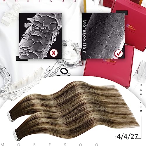 Moresoo Tape in Hair Extensions Human Hair 22 Inch Highlight Dark Brown with Caramel Blonde Real Hair Extensions Tape in Remy Straight Hair Lightweight All Day 20 Pieces/50g #4/27/4 - Image 2