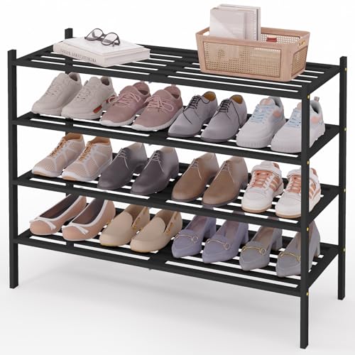 Image of Smiry Bamboo Shoe Rack, 5 Horizontal Slats, 4 Tier - 33.9 inch Wide, Black