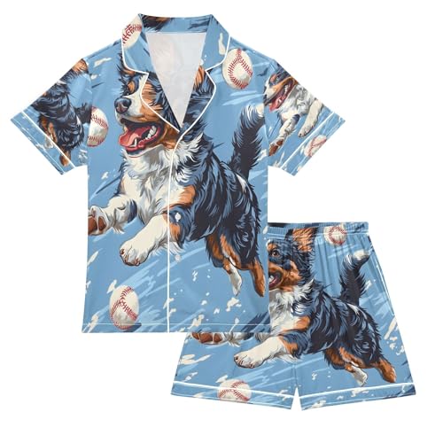 ALAZA Baseball Dog Blue Satin Pajamas Set Short Sleeve Button Down Sleepwear Summer Pjs 2 Piece