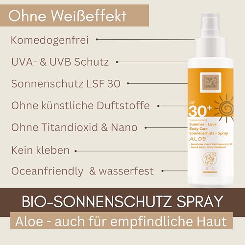 Thats me organic BIO Sonnenspray LSF 30 SUMMER-LOVE Aloe 100ml – Bio Sonnencreme für die ganze Familie – Sonnenspray Gesicht und Körper – Ohne Titandioxid – Bio Sonnencreme ohne Chemie