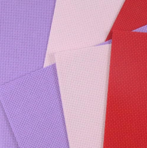 Image of KCS 4 /6 pc of 12 inch x 18 inch(30cmx45cm) 16 Count Cotton Aida Cloth Cross Stitch Fabric (6 pc,Lavender+Pink+Red)
