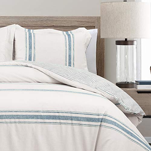 Image of Lush Decor Farmhouse Stripe Reversible Cotton Duvet Cover King Size 3 Piece Set Blue - Farmhouse Bedding Set King - Striped Duvet Cover