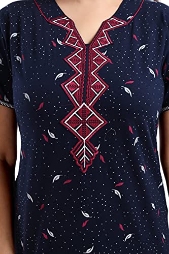 Image of 9shines Label Designer Nighty | Cotton Blend Nighty for Women | Night Gown | Nightdress | Front Open Buttons,Floral Embroidery On The Neck & Pocket On The Right Side (5001)