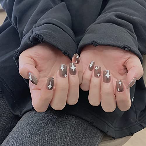 Ezpieces French Tip Press on Nails Medium Length, Stars Short Fake Nails Coffin with Glue, Grey Acrylic False Nails Glue on Nails for Women/Daily/Party, 24PCS/Set(Magic)