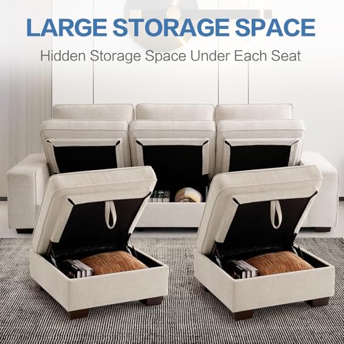 Image of TEKAMON 100 inch Modular Sectional Sofa with Seats Storage, L Shaped Couch with Movable Ottoman for Living Room, Couch with Chaise, Solid Wood Frame, Spring Cushions, USB Port, Removable Covers, Beige