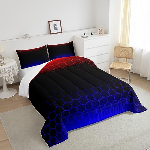 Image of Red Blue Ombre Hexagon Comforter Full Size, Honeycomb Bedding Set Geometrics Hexagon Comforter Set for Kids Boys Girls Abstract Red and Black Duvet Set Bed Set 3Pcs