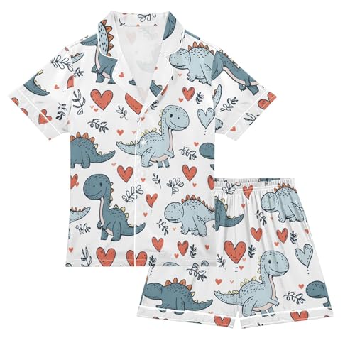 ALAZA Cute Dinosaur Love Satin Pajamas Set Short Sleeve Button Down Sleepwear Summer Pjs 2 Piece