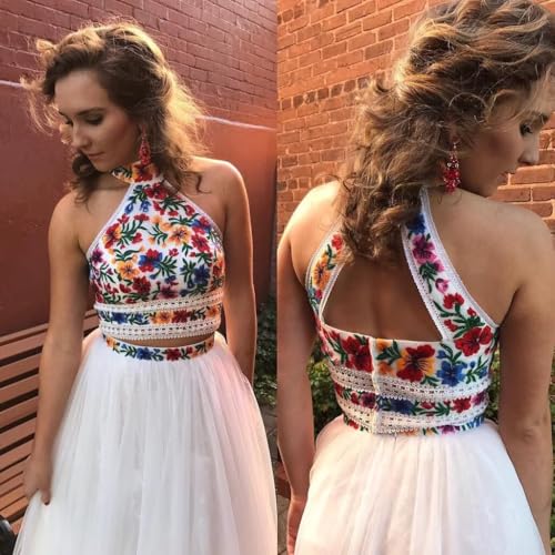 High Neck Halter Long Prom Homecoming Dresses 2 Two Piece Coloful Flower Embroidered Aline4