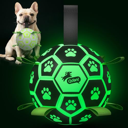 Image of QDAN Glow in The Dark Dog Toys Soccer Ball with Straps, Outdoor Interactive Dog Toys Puppy Birthday Gifts, Dog Tug Water Toy, Light Up Dog Balls for Small & Medium Dogs(6 Inch Size 2) | Light Up Dog Balls for Small & Medium Dogs, 20-40 lbs Dogs Balls, Interactive Water Toy, 6 Inch, Herding Ball Small Dogs