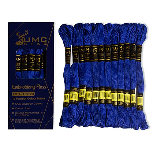 Image of Dark Royal Blue Embroidery Thread, 12 Pieces, 100% Egyptian Cotton, Premium Skeins, Oeko-Tex Certified, 8.75 Yards Long, Cross Stitch Embroidery Floss