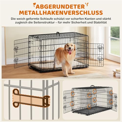 Yaheetech Hundekäfig 107 x 60 x 66 cm klappbar mit Trennwand, 2 Türen, Hundebox für zuhause mit ausziehbare Bodenschale, Transportkäfig Auto, Hundetransportbox Drahtkäfig für Hunde Welpe, XL, Schwarz