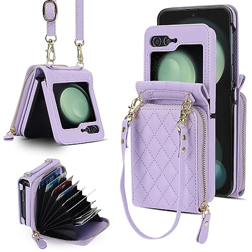 XIZYO Fermeture à Glissière Paquet de Cartes Flip PU Cuir Coque pour Samsung Galaxy Z Flip 5, avec Lanière Amovible et Réglable, Housse Filles Femmes Mignon Luxe avec Porte-Cartes, Violet