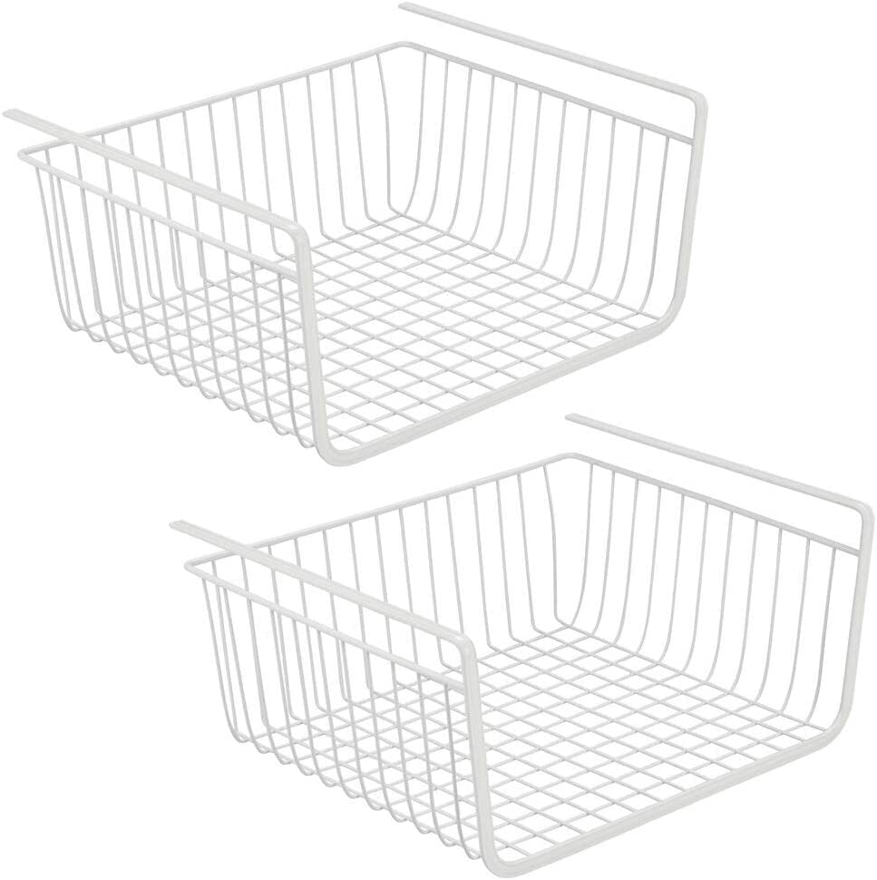 AKDCHousehold Metal Under Shelf Hanging Storage Bin Basket with Open Front for Organizing Kitchen Cabinets, Cupboards, Pantries, Shelves - Large Pack of 2 (Black) (White)