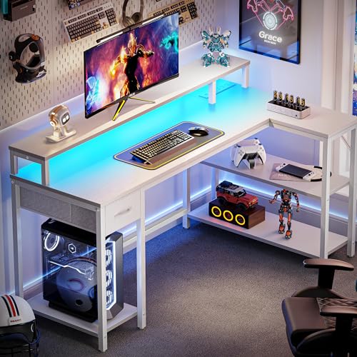 Image of SUPERJARE 53 inch Reversible L Shaped Desk with LED Lights & Power Outlets, Computer Desk with Shelves & Monitor Stand, Gaming Desk with Drawer, Home Office Desk Corner Desk, PU White Drawer