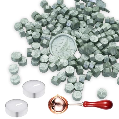 400 cuentas de cera para sellar, kit de cera de sellado, cuentas de cera de sellado octogonales, para envolver regalos, invitaciones de boda, sobres personales (verde plata)