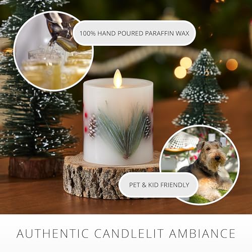 Image of Luminara Embedded Flameless LED Candle - Pine Berries 3.5 inch x 4.5 inch - Moving Flame Pillar, Battery Operated Timer, Real Wax, Unscented, Safe