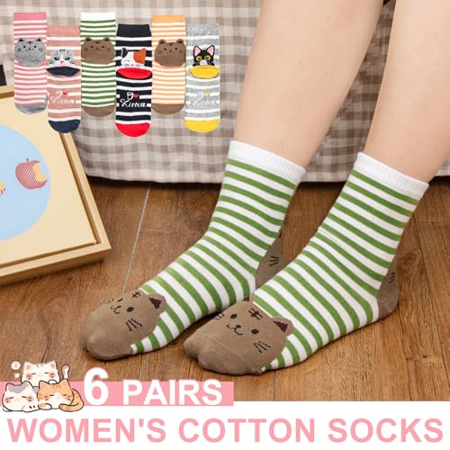 5-6 Pairs Women's Cute Cat Socks Gifts, Funny Novelty Animal Print Crew Cotton Socks Christmas Gifts for Women Girls2