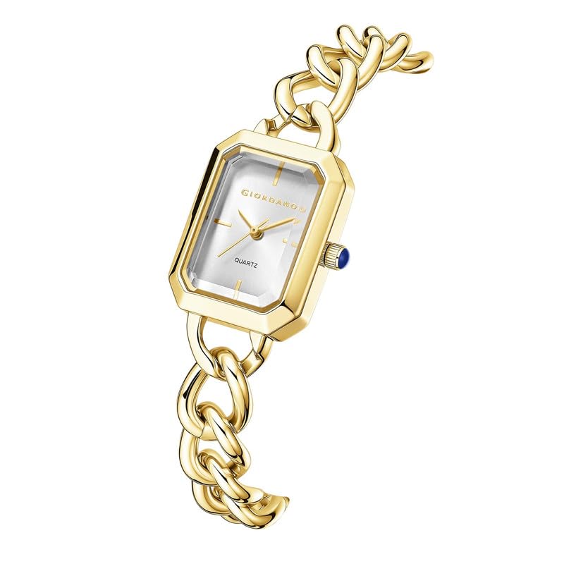 Image of Giordano Elegant Watch for Women with Gloss Sunray Dial, Quartz Movement, Rectangular Case, Stainless Steel Chain Strap and Blue Crown Accent