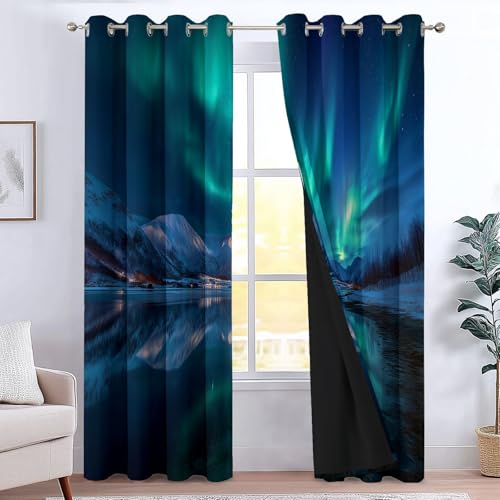 Cortinas Opacas Aurora para Dormitorio Salon, Térmica Aislante Cortina de impresión Montañas Nevadas De Ensueño Aurora Boreal, Cortinas de oscurecimiento de habitación 100 x 178 cm (A x L) 2 Paneles