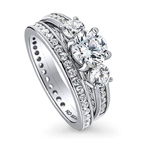 BERRICLE Rhodium Plated Sterling Silver Round Cubic Zirconia CZ 3-Stone Anniversary Engagement Wedding Ring Set 2.3 CTW Size 5