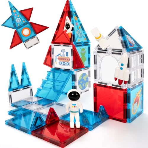 cossy Magnetic Tiles Space Set, Magnet Tiles with Astronaut, Magnetic Tiles for Kids Ages 4-8, STEM Toys, Magnet Blocks for Boys and Girls, Creative Building Toys, Space