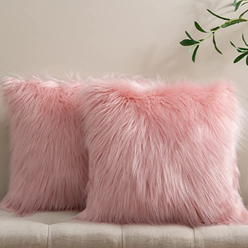 Phantoscope Pack of 2 Faux Fur Solid Throw Decorative Pillow Cover Cushion Covers Luxury Soft Decorative Pillowcase Fuzzy Pillow Covers for Bed/Couch,Pink 20 x 20 Inches