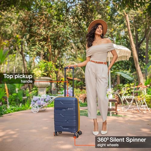 Image of Nasher Miles Cannes Hard-Sided Polypropylene Cabin Luggage 20 inch | 55cm | 8 Wheels Small Trolley Bag for Travel | Suitcase (Navy Blue Yellow)