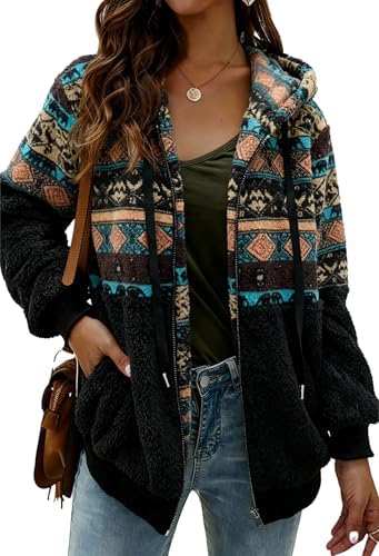 ABINGOO Damen Kapuzenjacke Warm Mantel Teddy-Fleece Plüschjacke Leopard Casuale Zip Hoodie Cardigan Outwear