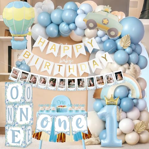 Decoração de aniversário 1 ano de criança, decorações para festa de primeiro aniversário com caixa de balões, faixa com foto, grinalda de feliz aniversário, balões de aniversário 1 ano de bebé criança
