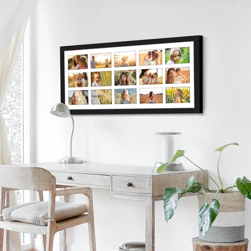 Image of DUENPY 14x32 Picture Frame 4x6 Collage Picture Frame Displays Fifteen 4x6 inch Photos Collage Wall Decor Wall Hanging Black