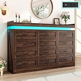 71" Wide 46" Tall Large Farmhouse 12 Drawers Dresser for Bedroom with LED Light and Power Outlets,Wood Rustic 12 Chests of Drawers for Closet,Tall Storage Dresser Organizer for Bedroom(Brown)