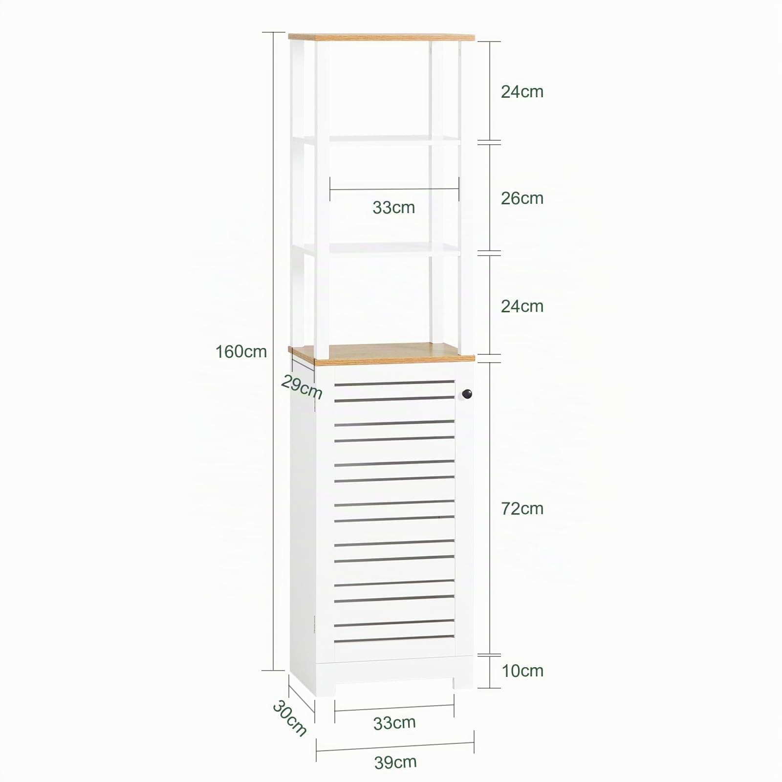 SoBuy Mobile Bagno Alto e Stretto Salvaspazio con Ripiani Aperti e Anta a Doghe – Colonna Bagno da Terra in MDF, Armadietto Moderno per WC o Lavanderia – Bianco/Naturale, 160x40x30 cm, BZR43-W