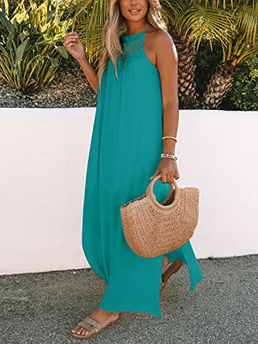 Image of FARORO Sleeveless Long Dress for Women Boho Halter Maxi Sundress Casual Loose Dresses Split Cover Up Gown with Pockets