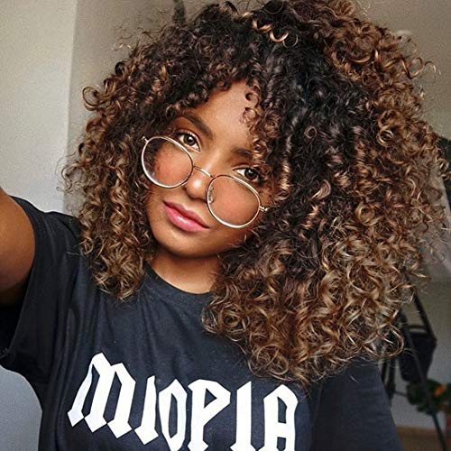 Curly Wigs for Black Women - Curly Afro Wig with Bangs Ombre Brown Mixed Color Synthetic Heat Resistant Full Wigs with 1 Wig Comb and 4pcs Wig Caps