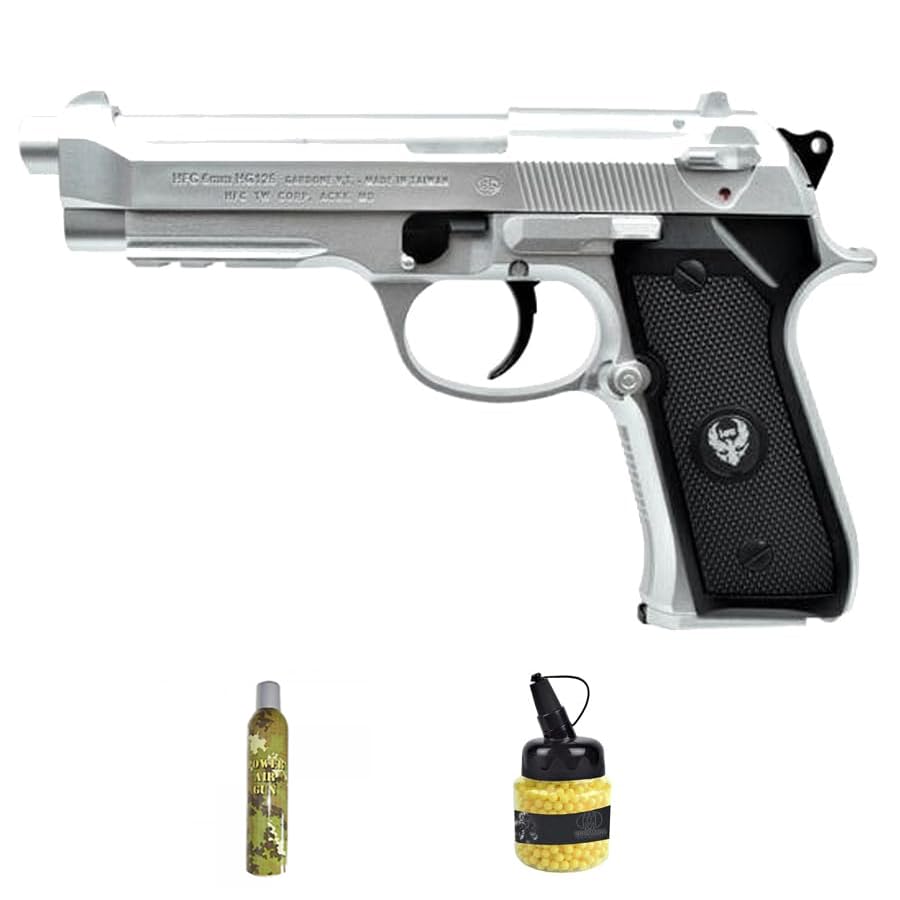 Ecommur. HFC HG 126 Plata| Pistola de Gas de Bolas de Airsoft 6mm + Botella de Green Gas + biberón 1000 0,12g.