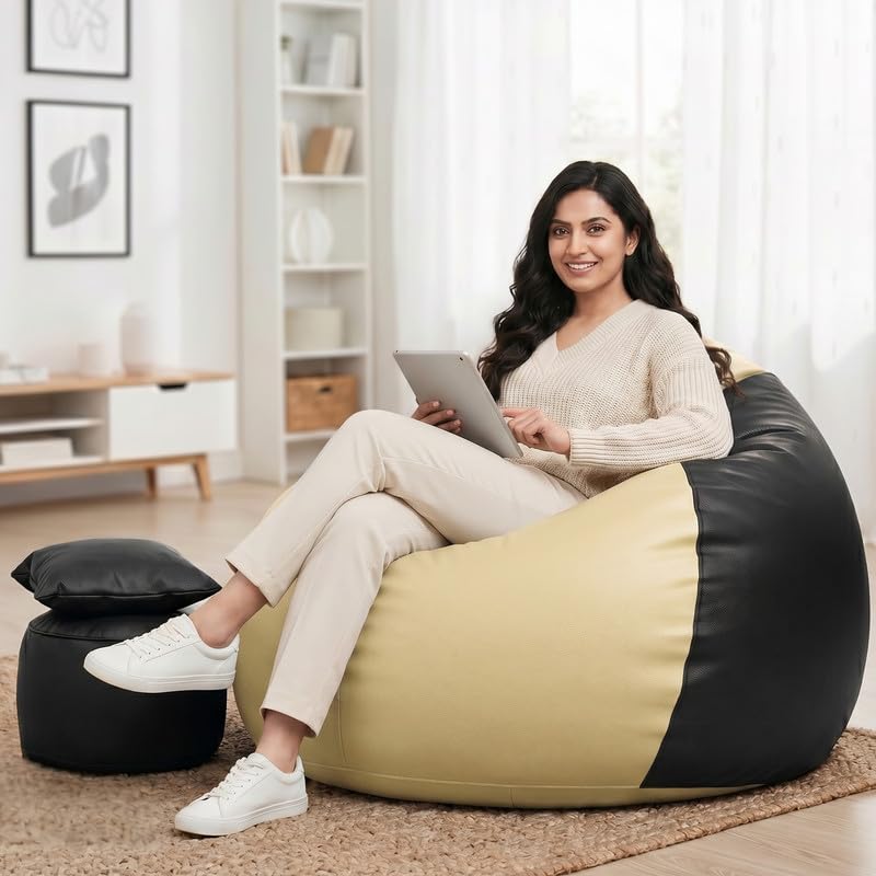 Image of Biggie Bean Bag 6XL Bean Bag Chair with Beans Filled - The Classics Bean Bag Sofa - Combo Set-Styled for Elegance with Free Cushion & Footrest (Matching Color : Xynox Cream-Black)