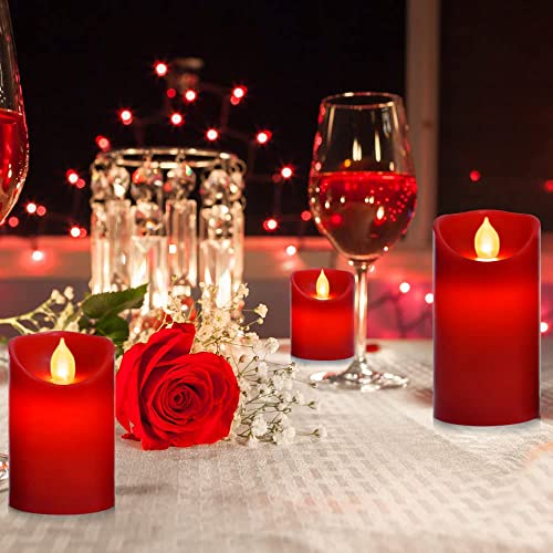 Image of Flameless Battery Operated Flickering Candles:3PACK Red Real Wax Pillar Candle,Electric LED Candle with 10-Key Remote Control and 24 Hours Timer for Home Decoration Holiday Party
