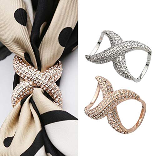 2PCS Womens Elegant Rhinestone Inlayed Scarf Ring Buckle Scarf Ring Clip Wrap Holder for T-Shirt Neckerchief Shawl Silk Scarf (Gold + Silver)3