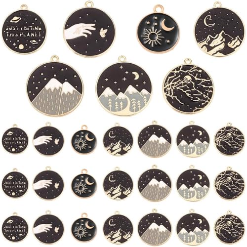 Pendentifs ronds et plats en alliage émaillé noir PandaHall pour création bijoux x42