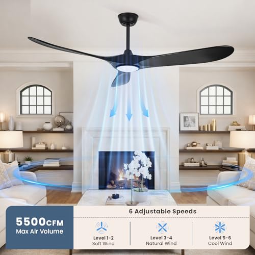 Image of heimo 60 Inch Black Ceiling Fan with Light and Remote, Wood Outdoor Ceiling Fans with Lights Dimmable for Bedroom Living Dining Room Patios Garage Gazebo Farmhouse Big Dc Reversible Fan