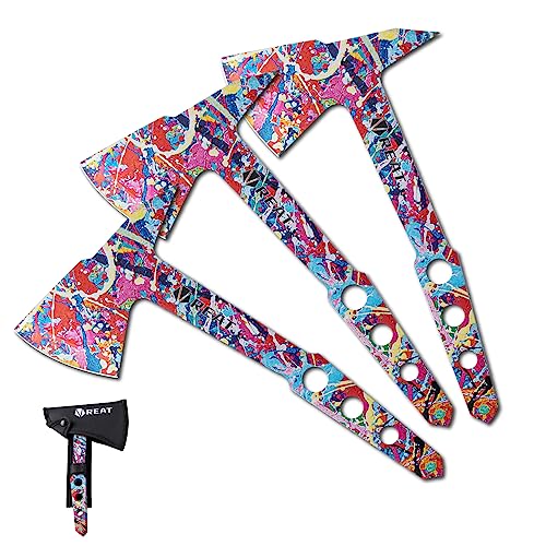 REAT Throwing Axe 3 Pack with Sheath, 10.5' Full Tang Desgin with Colorful Coating for Back Yard Throwing Game, Recreation and Competition