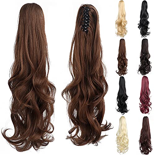 Hairpiece Ponytail,HSPCYGG Medium Brown Mix Hair Extensions Clip in Extensions 22 Inch Long Hair Curly Claw Synthetic Ponytail Wig For Women Clip in Hairpiece Long Suitable For Prom Parties Pony tails