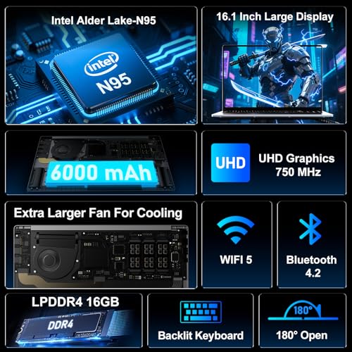 Image of NIAKUN Laptop Computer, Gaming Laptops 2026, 16 inch Lap Top PC Windows 11 Pro, 16GB RAM 1TB SSD, Intel N95 Processor, Office 365, Backlit Keyboard,Fingerprint Unlock, 2-Year Warranty