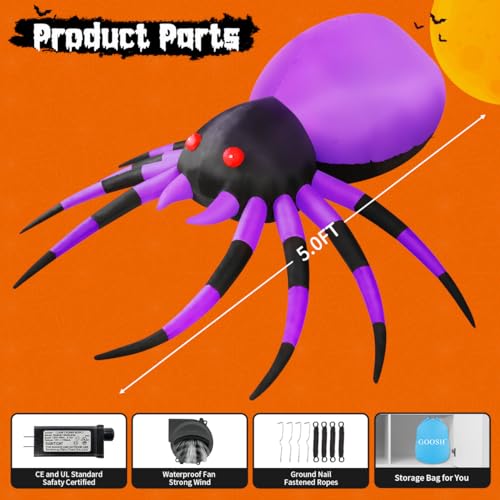 Image of GOOSH 5 FT Width Halloween Inflatable Spider Outdoor Decoration with Magic Light, Blow Up Yard Inflatables Holiday Inflatables for Outdoor Yard Garden Lawn Decor