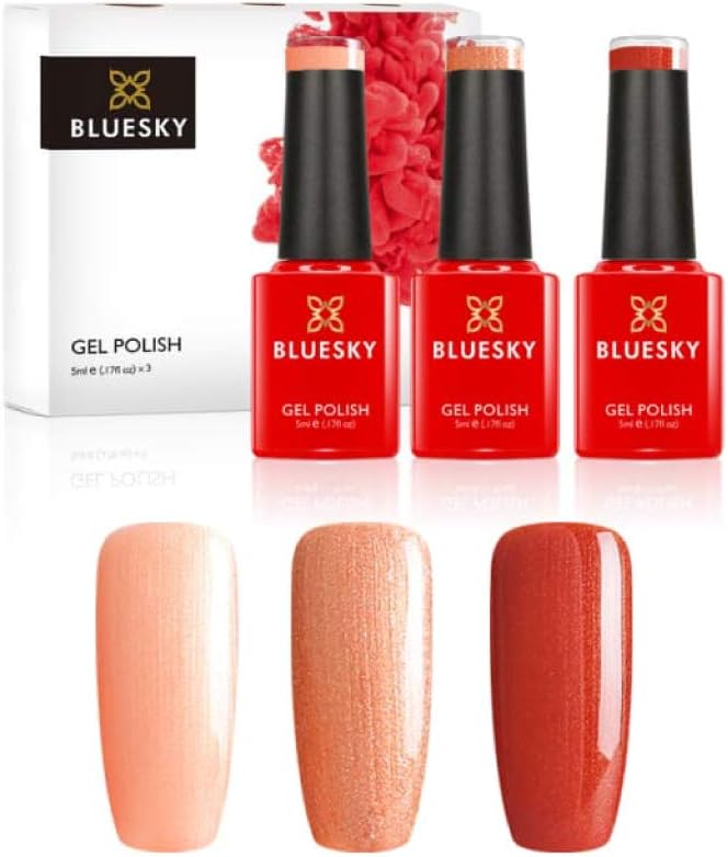 BLUESKY Gel Nail Polish Set, Rusty,Glisten 80517, Spice Sparkle 80542, Fine Vermilion 80583, 3 x 5 ml, Peach, Shimmer, Orange (Requires Curing Under UV/LED Lamp)