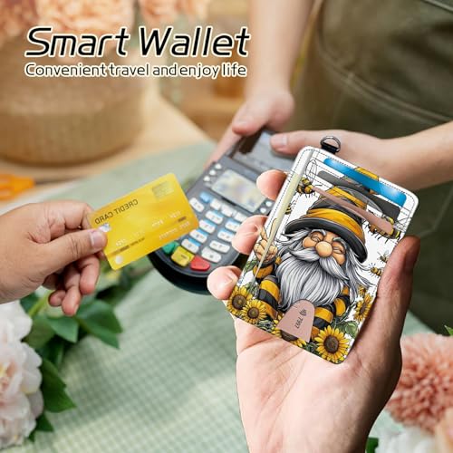 Image of Small Travel Wallets, Bee Dwarf Sunflower Slim Minimalist Front Pocket Wallet with Wristlet, RFID Blocking PU Leather Credit Card Holder with ID Window Change Purse for Men Women